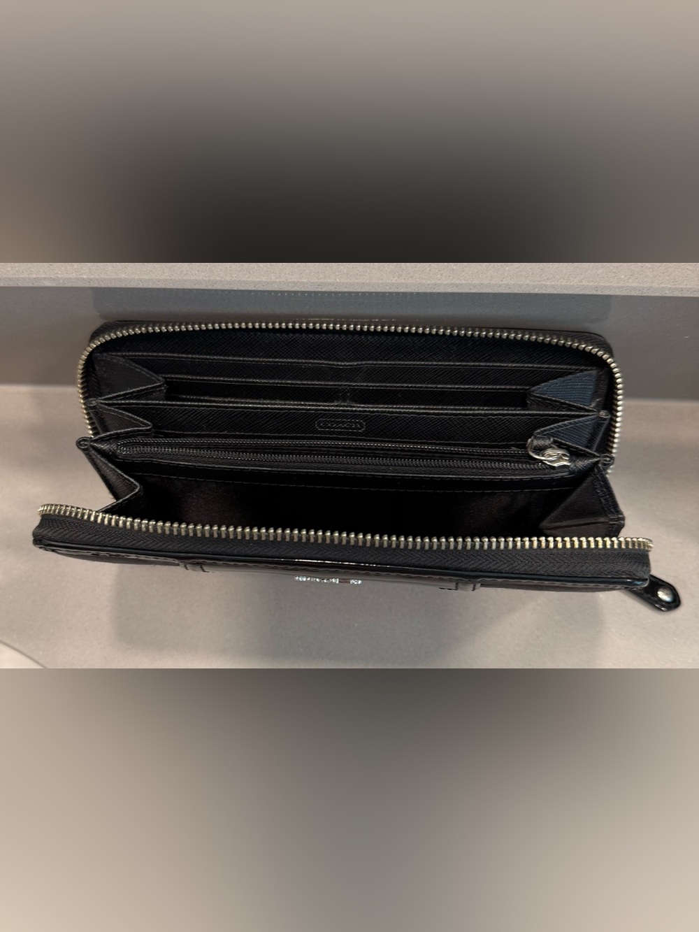Coach Black Signature Zip-Around Wallet with Patent Trim - Picture 3 of 5